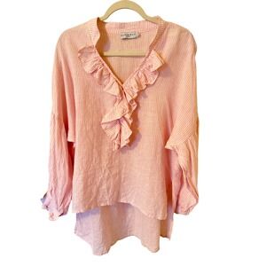 Harshman Los Angeles Cordelia Top Tunic Pink Striped Linen  Ruffled  Oversized L